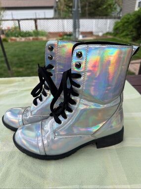 N.Y.L.A. Holographic Silver Lace-Up Combat Boots